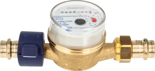 Einstrahlzähler ETK Kombi-Set (Kaltwasser) bis 30 Grad Länge 110 mm, inkl. Verschraubung mit Pressanschluss 18 mm, Plombierschelle