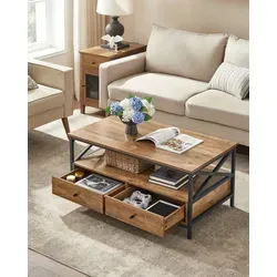 VASAGLE Couchtisch mit Schubladen und X-förmigen Streben - Beistelltisch fürs Wohnzimmer im Industrie-Design, bietet viel Stauraum und stabilen Halt durch robuste Materialien.