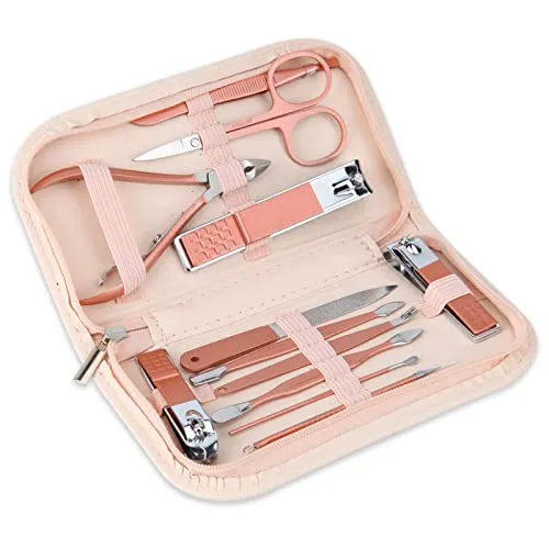 Nagelknipser und Beauty-Werkzeug, tragbares Set, rotgoldenes, martensitisches Edelstahl-Maniküre-Set, 12-in-1, mit rosa Ledertasche, geeignet für Zuhause, Arbeitsplatz, Outdoor-Reisen, Geschenk