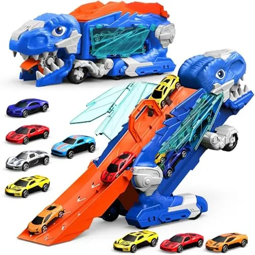 Dinosaurier Lastwagen Spielzeug mit 8 Autos,Kinder Spielzeugautos für 3 4 5 6 7 8+Jahre alt Jungen,Garagen,Rennbahn-Set,Transforms in Dino mit Flügeln,Transporter-LKW,Geburtstagsgeschenke für Jungen