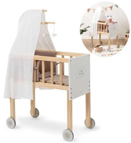 ELLA & PIET® Großer Puppen-Stubenwagen Dreamy aus Holz - Puppenmöbel – Hochwertiger Stubenwagen mit Himmel, geeignet für Puppen bis 56 cm, leicht bewegbar dank stabiler Rollen und inklusive niedlichem Mobile.