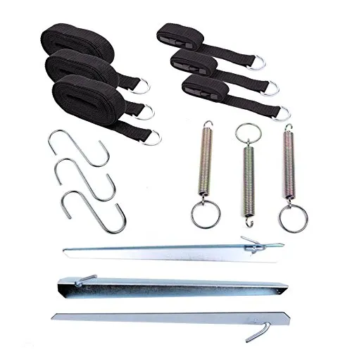 no name Sturmband Set 3x5 Meter 15tlg - Stabiler Halt für Zelte und Sonnensegel - Heringe und Sturmleinen-Set für sicheren Halt bei Wind und Wetter. Hoch strapazierfähige Nylongurte mit Spannfedern verhindern Reißen. Einfache Montage mit Haken oder Gurten.