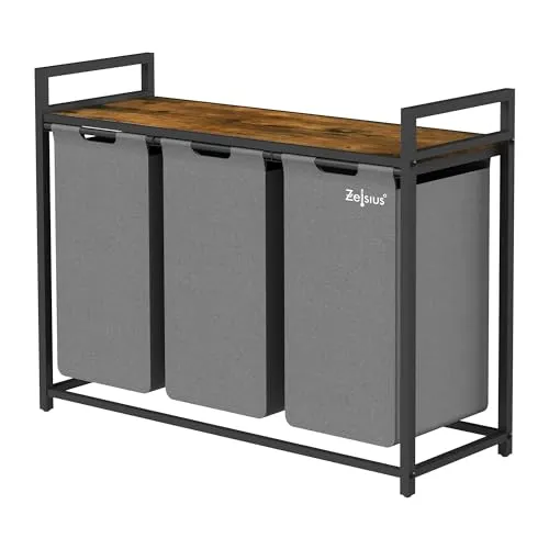 Zelsius Wäschesammler 3 Fächer | Grau - Wäschebox mit Ablage und 3 ausziehbaren Fächern zur einfachen Wäschesortierung, ideal für Badezimmer oder Schlafzimmer.