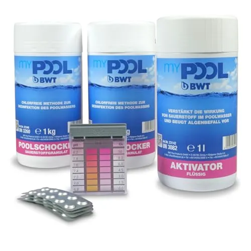 myPOOL Starter-Set Aktivsauerstoff 3,1 kg - Chlorfreie Wasserpflege für Pools Whirlpools und SPA - Poolschocker Granulat Sauerstoff Aktivator Testgerät