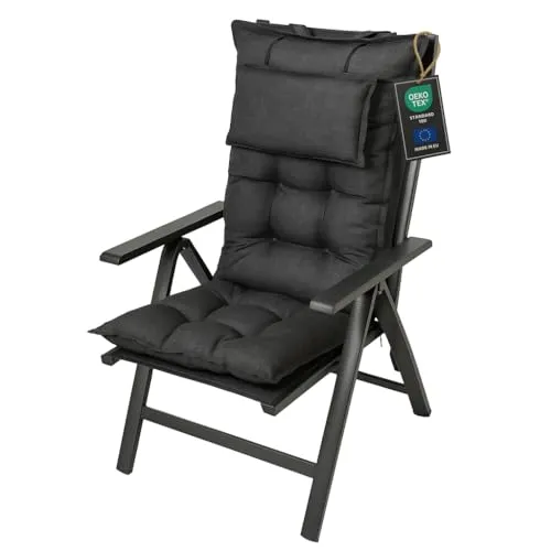 Pillows24 – Hochlehner Auflage mit Beckkissen 120x50x6 cm | Gartenstuhl Sitzkissen mit Befestigungsbändern | UV-beständig & bequem gepolstert | Sitzpolster für Gartenmöbel & Klappsessel | Grau