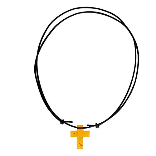 Ostsee-Schmuck Kette mit Anhänger Kreuz aus Bernstein - Kette mit Bernstein-Anhänger (25x20 mm) auf Lederband, ideal für Casual-Looks, unisex und zeitlos elegant.