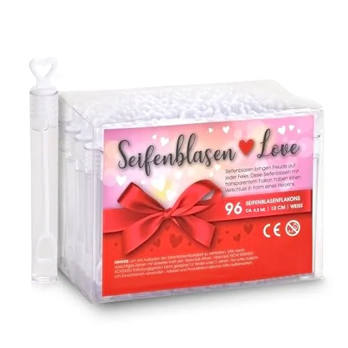 WOMA Seifenblasen Hochzeit Set 48 Stück I Set inkl. Stäbe & Flüssigkeit I Seifenblasen Love Edition in Geschenkbox I Hochzeitsseifenblasen mit Griff in Herzform I Bubble Set Wedding Decoration