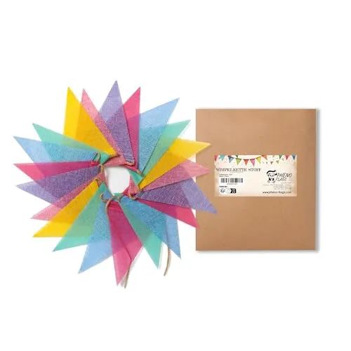 PHENO FLAGS Wimpelkette aus reinem Leinen-Stoff mit 6 Farben, 5 m – Outdoor & Indoor geeignete Party-Dekoration für Events, wiederverwendbar