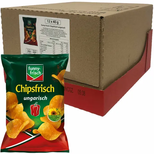 funny-frisch Chipsfrisch Kartoffelchips ungarisch 12er VPE - Chips in ungarischer Geschmacksrichtung, knusprig und ideal für Partys oder Snacks zwischendurch. Perfekte Portionierung in 12x40g Packungen.
