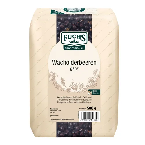 Fuchs Professional Wacholderbeeren ganz - 500 g - Kräuter für vielseitige Anwendungen in Wildgerichten, Sauerkraut und mehr. Profi-Qualität ohne Zusatzstoffe, im recyclebaren Beutel für den Großverbrauch.