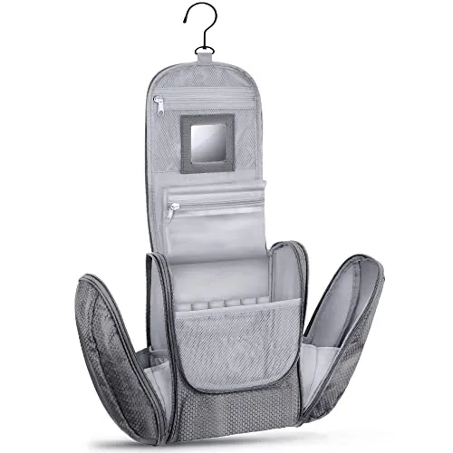 Große Premium Kulturtasche zum Aufhängen mit Spiegel, sehr geräumiger Kulturbeutel als Geschenk oder perfekt für den Urlaub (Grau)
