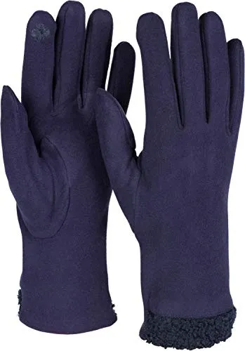 styleBREAKER Damen Touchscreen Handschuhe mit Teddyfell am Saum und Fleece Futter, warme Fingerhandschuhe, Winter 09010034, Farbe:Dunkelblau