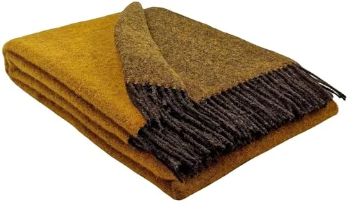 STTS International Wolldecke 100% Schurwolle - Braun-Senf, 140 x 200 cm - Tagesdecke aus 100% Schurwolle mit Fransenabschluss, ideal für gemütliche Abende. Hochwertige Verarbeitung und einzigartige Farben für ein stilvolles Zuhause.