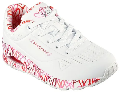 Skechers Damen UNO Loving Love Sneakers - Weiße Durabuck mit rotem & pinkem Mesh - Damen-Sneaker mit flexibler Traktionslaufsohle und stylischem Design, ideal für Komfort und Stil im Alltag.