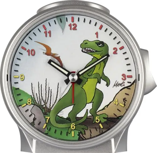 29650-07-EUROTIME Kinder-Quarzwecker mit schleichender Sekunde und Motivzifferblatt Dino, Weckwiederholug und LED-Beleuchtung