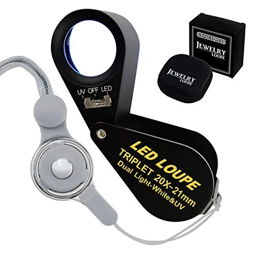 20x Juwelierlupe mit Licht, 21mm Optisches Glas Lupe 6 LED-Licht & UV-Licht Mini Vergrößerung Juwelier Schwarzer Rahmen Achromatische Tripletlinse