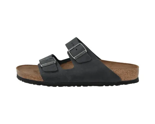 Birkenstock Arizona Pantoletten in Schwarz - Weite S - 45 - Pantoletten aus hochwertigem Leder mit ergonomischer Kork-Decksohle, ideal für schlanke Füße. Hochwertig verarbeitet und bequem für den Alltag.