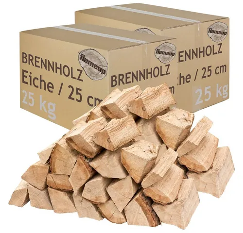 Flameup Kaminholz Eiche 50 kg - Ofenfertiges Brennholz für Kamin und Grill - Brennstoffe: 100% Eichenholz, luftkammergetrocknet mit weniger als 18% Restfeuchte. Ideal für Kamin, Ofen und Grill, sofort einsatzbereit!
