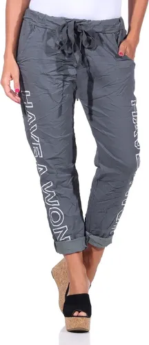 Mississhop Damen Hose Freizeithose Boyfriend Sweatpants Graphit 36-42 - Elegante Boyfriend Sweatpants aus weichem Baumwollmix mit Tunnelzug für hohen Tragekomfort. Der auffällige Textprint