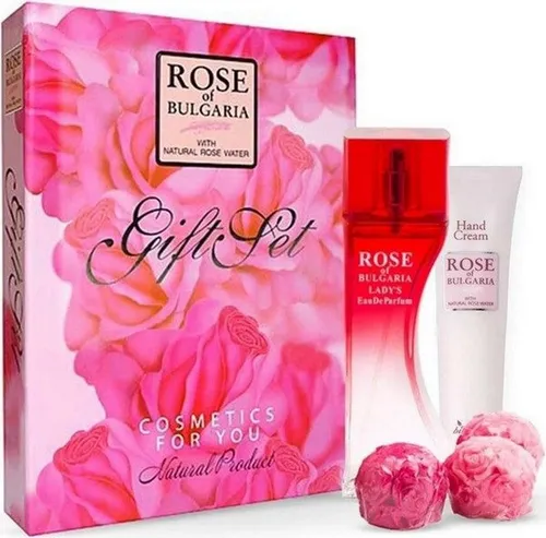 Biofresh Cosmetics Pflege-Geschenkset Rose of Bulgaria Geschenkset – Parfum 50 ml, Handcreme 75 ml & Seifen