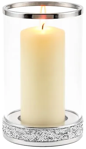 Windlicht Glas rund 24 cm Ø13 cm – Edles Windlicht aus Glas & Metall mit Glitzerdekor – Teelichthalter Kerzenglas für Stumpenkerzen bis 7,5 cm – Elegante Deko für Wohnzimmer, Balkon & Tisch