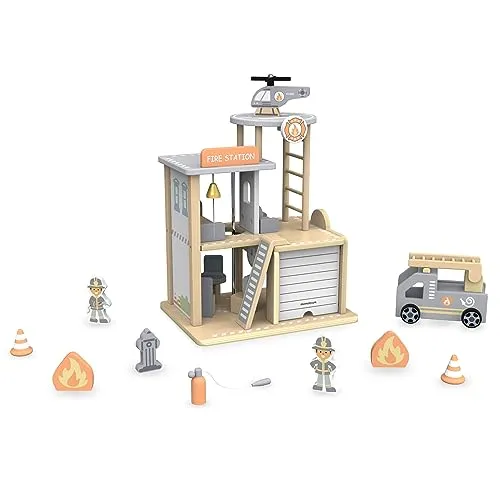 mamabrum Holz-Feuerwache Spielset MAM72 - Spielfigur Spielsets mit umfangreichem Zubehör: Feuerwache, Hubschrauber und Feuerwehrauto fördern spielerisch die Feinmotorik und Fantasie von Kindern ab 3 Jahren.