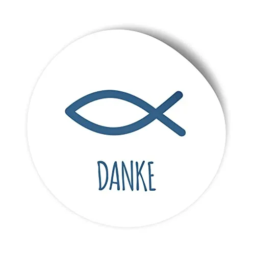itenga 100x Sticker Aufkleber I Fisch Danke WEISS Dunkelblau I zum Basteln von Gastgeschenken I für Taufe, Kommunion, Konfirmation oder Firmung I 4,0 cm rund