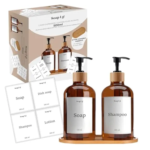 Spender 50 cl für Seife, Shampoo, Geschirrspülmittel | Bambushalter, Trichter & Etiketten zum Selbstgestalten | Praktisches Küchen und Badezimmerzubehör | OriginalCorner® 2