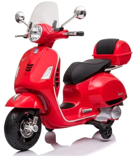 Vespa Elektro Kindermotorrad ab 3 Jahren mit Kunststoffräder und -sitze, Kofferraum, MP3-Player, USD MicroSD AUX-Anschluss. Elektroroller, Kinderroller (Rot)