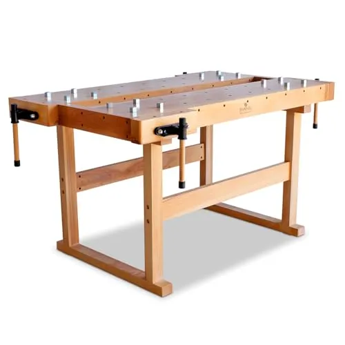 BAMATO Hobelbank WORK-1750 aus Massivholz - Werkstatteinrichtung, robuste Buchenholz-Werkbank mit großer Arbeitsplatte von 1402 x 798 mm, ideal für Handwerker und Heimwerker.