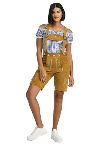 STEIGENHÖFER Kurze Trachtenlederhose für Damen - Echtes Veloursleder in Hellbraun, ideal für Oktoberfest und Festlichkeiten. Mit verstellbaren Trägern und praktischen Taschen für optimalen Komfort.