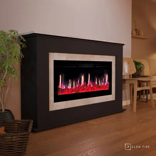 Glow Fire SCM-4 Elektrokamin Screen Motion Schwarz (Beton) - Moderner Elektrokamin mit LED-Technologie und Heizfunktion. Genießen Sie die realistische Flammenoptik und individuelle Einstellungen für Wärme und Klang. Flexibel steuerbar per App oder Fernbedienung.