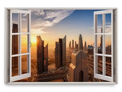 Paul Sinus Wandbild 120x80cm Fensterbild Dubai Sonnenuntergang Abendrot Hochhäuser