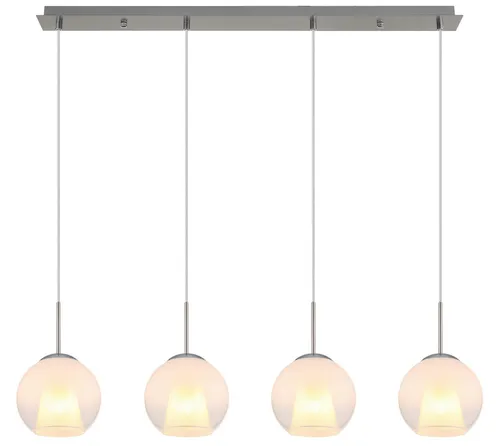Hängeleuchte 4-Flammig mit Glaskugeln und Kristallen - Elegante Pendelleuchte für das Esszimmer mit opalen Glaskugeln und funkelnden Kristallen, schafft eine stilvolle Atmosphäre und ist ideal für moderne Inneneinrichtungen.