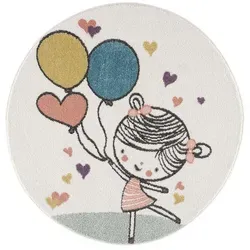carpet city Kinderteppich - Mädchen Luftballon 120 cm Rund Creme Multi - Teppiche fürs Kinderzimmer, mit glanzvollem Flor, der je nach Licht unterschiedliche Farbintensitäten zeigt. Ideal als weiche Spielunterlage und für ein warmes Ambiente.