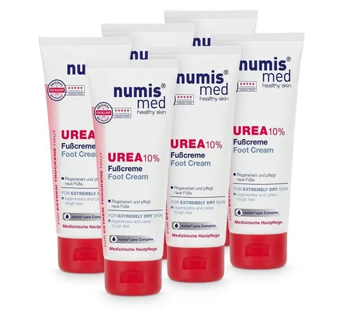 numis med Fußcreme 10% Urea – 6x 100 ml für sehr trockene Füße - Hochwirksame Fußcreme mit 10% Urea für intensive Feuchtigkeit und Pflege. Ideal für raue Füße, zieht schnell ein und sorgt für geschmeidige Haut. Enthält 6 Tuben für langanhaltende Anwendung.