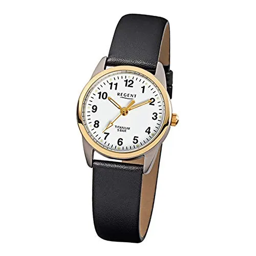 Regent Damen Analog Quarz Uhr 12090259 - Elegante Armbanduhr mit goldenem Titangehäuse (26mm) und wasserfest bis 5 bar. Ideal für den täglichen Gebrauch, ausgestattet mit präzisem Quarz-Uhrwerk.