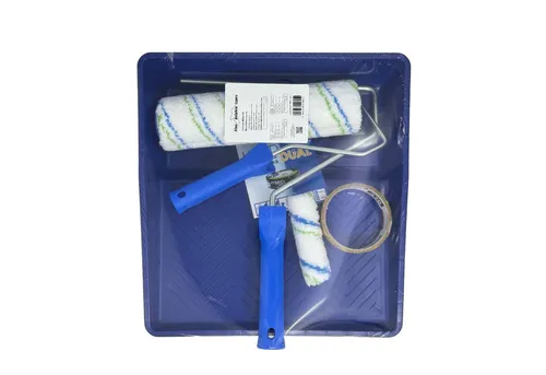 BlueDolphin Malerset Maler-Set 5-teilig Komplett-Set + gratis Washi-Band 10 und 25 cm, (All-inclusiv-set, 6-tlg., 1 x Farbwanne, 1 x Malerband,1 x Griff, 3 x Farbrolle), Abstreifgitter