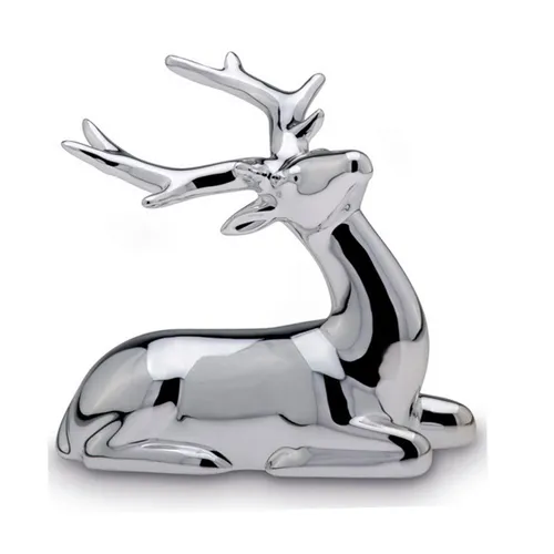 Kleine Liegende Silber Deko Rentier Figur & Geweih - Weihnachten Wildfigur 9 cm