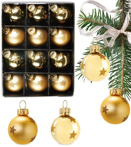 BRUBAKER Weihnachtsbaumkugel Weihnachtskugeln - 3 cm Baumkugel Set - Handbemalter Baumschmuck (12 St), Mini Kugeln mit Glitzer Sternen für Weihnachtsbaum und Weihnachtsdeko