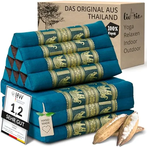 livasia Thaikissen 3 Auflagen Thaiseide - 175x55x8cm - Faltbares Dreieckskissen für Entspannung - Erlebe mit dem livasia Thaikissen pure Entspannung! Das handgefertigte Kissen bietet mit seinen drei Auflagen perfekten Komfort für Yoga, Meditation oder einfach zum Relaxen. Platzsparend zusammenklappbar und ideal für drinnen und draußen.