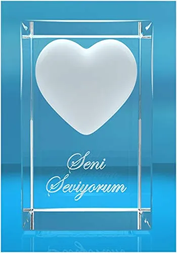 VIP-LASER 3D Glaskristall XL 3D Herz mit Text 'Seni Seviyorum' graviert