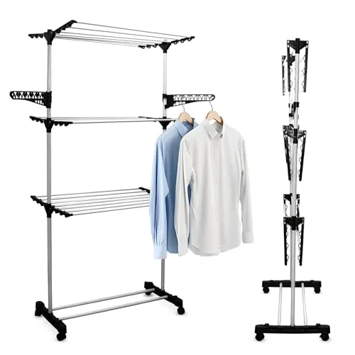 Wäscheturm mit Rollen 3 Etagen - 15 m Trockenständer - Wäscheständer mit 4 drehbaren Rollen für maximale Flexibilität, klappbare Flügel und Feststellbremsen, ideal für platzsparendes Trocknen.