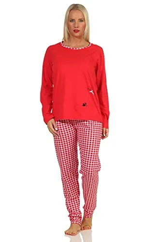 Damen Langarm Schlafanzug Pyjama mit süssen Katzen Motiv und Karierter Jersey Hose, Farbe:rot, Größe:40-42