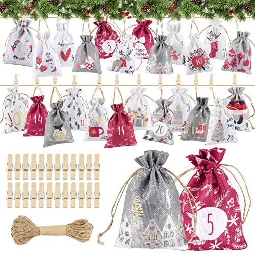 BETESSIN Adventskalender zum Befüllen Stoff - 24 Stück Weihnachtskalender zum selber Basteln und Aufhängen, inkl. Holzklammer und Juteschnur, 2025 Adventskalender Säckchen, Geschenktüten Weihnachten