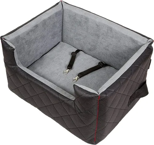 BoutiqueZOO Hundesitz Auto L 57x50x25 cm | r Autositz für Hunde & Katzen | Kunstleder | Mit Kissen & Leinen Schwarz