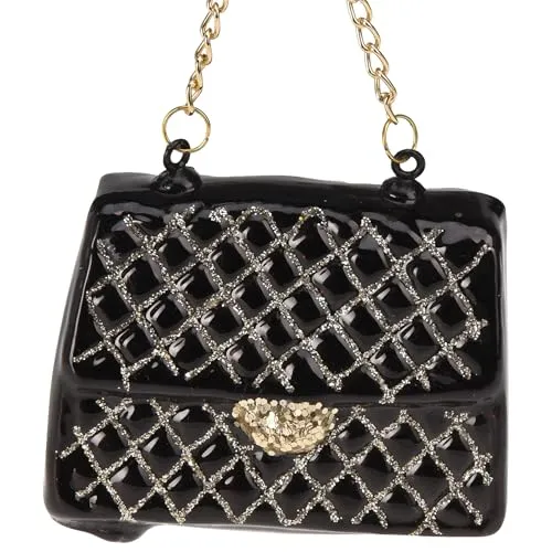 Glas Christbaumschmuck Set – lustige Baumhänger mit Glitzer, Gemüse, Avocado, Handtasche Baumschmuck – Moderne Weihnachtsbaum Deko (1 x Handtasche - Schwarz mit Rauten-Design - 7 x 5 cm)