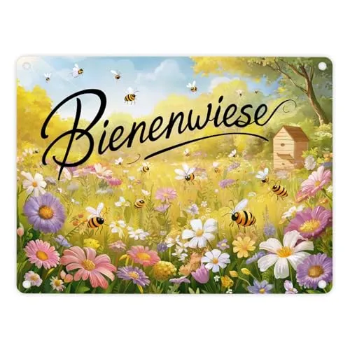 Bienenwiese Metallschild in 15x20 cm mit bunter Blumenillustration Bienenstock im Sonnenlicht zieht Bienen an die Nektar sammeln