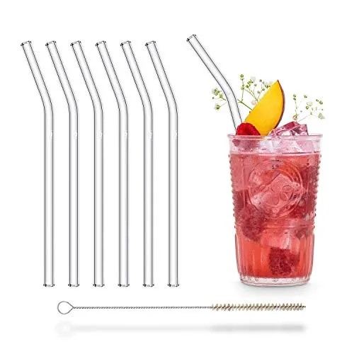 HALM Glasstrohhalme 6x 20 cm mit Knick Wiederverwendbar + plastikfreie Reinigungsbürste - Strohhalm aus Glas geknickt Spülmaschinenfest - Nachhaltig - Glastrinkhalme gebogen Glasstrohalme