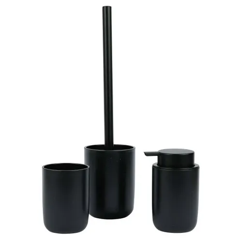 Badset, 3-tlg. schwarz matt Kunststoff Seifenspender Zahnputzbecher WC- Garnitur